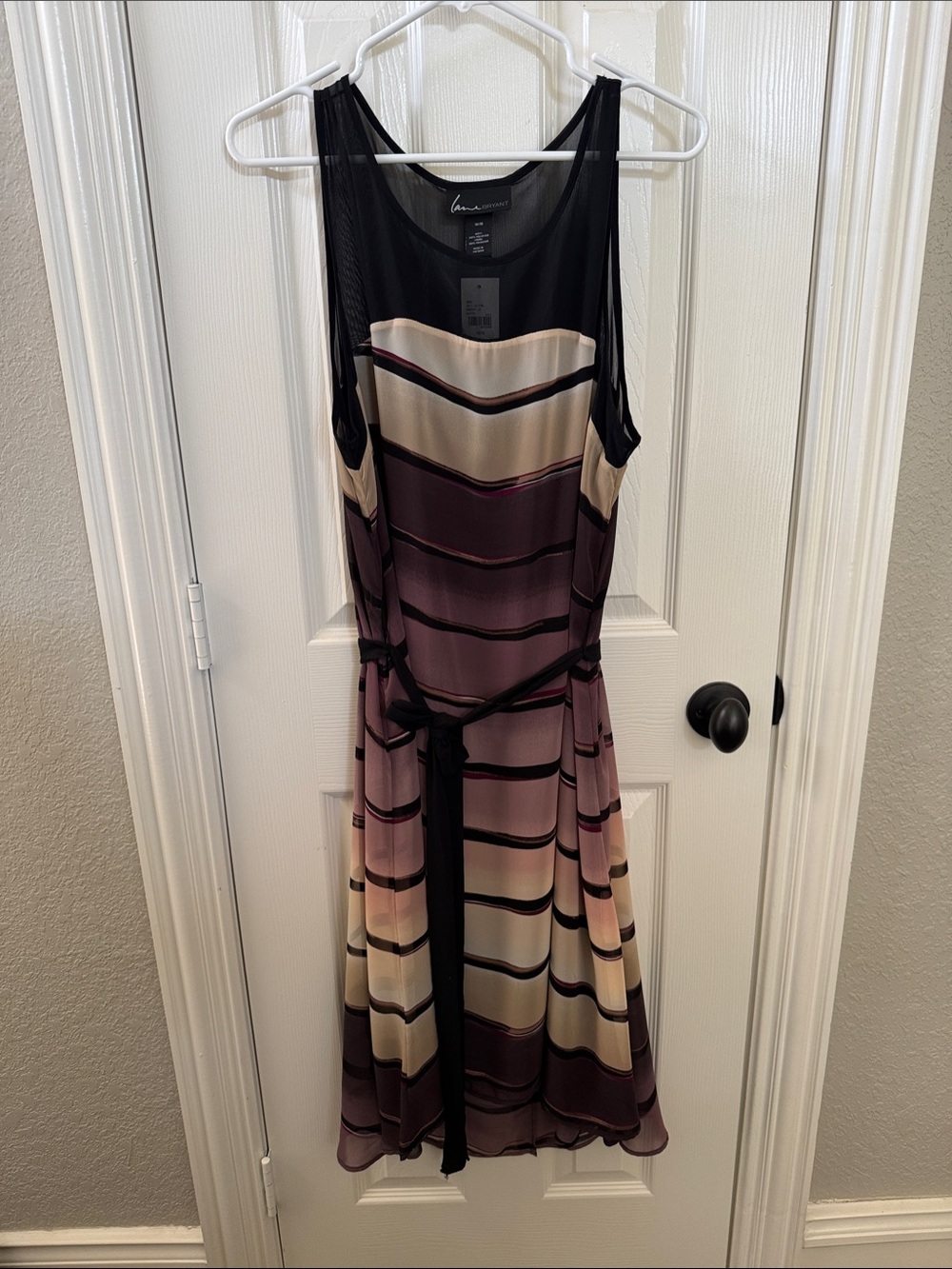 Lane Bryant Black-Trimmed Striped Mauve, Cream & Plum Midi Dress